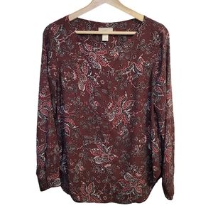 LOFT Maroon Paisley Fall Floral Top M Purple Eggplant Burgundy Sheer Crepe Shirt